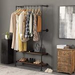 Industrial Pipe Hanging Wall Mounted clothes Rack with Natural Wood Base