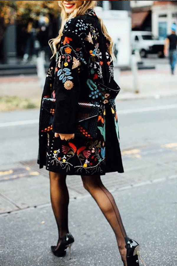 Fashion Flower Printed Lapel Collar Loose Coat