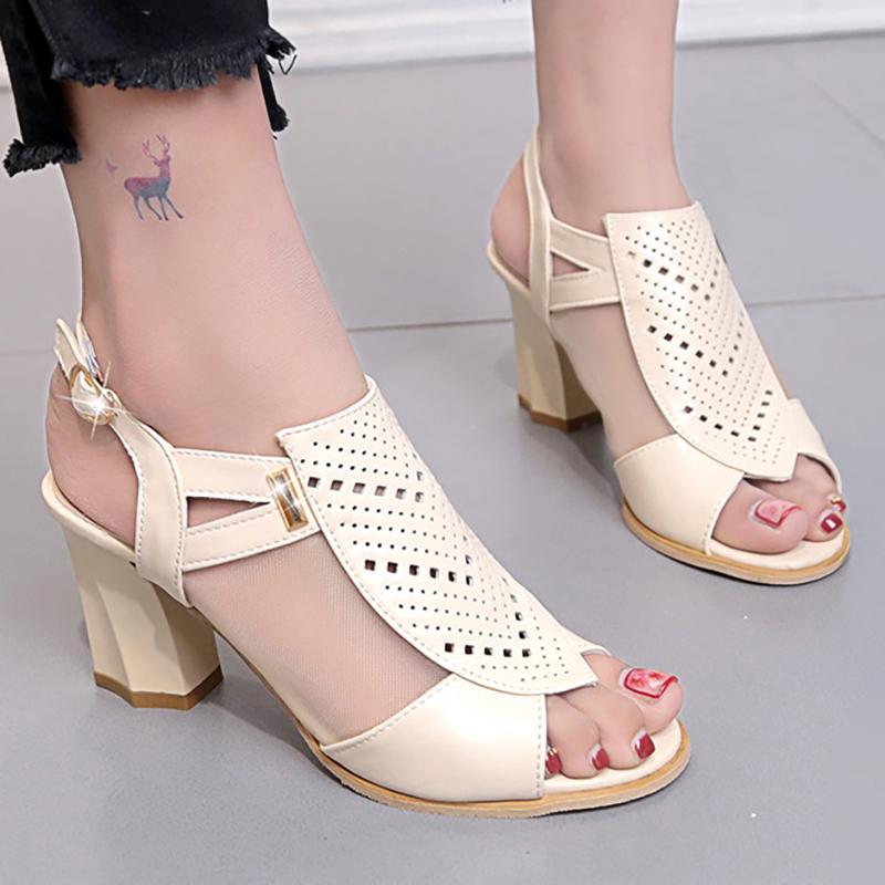 Womens PU Buckle Casual Chunky Heel Sandals