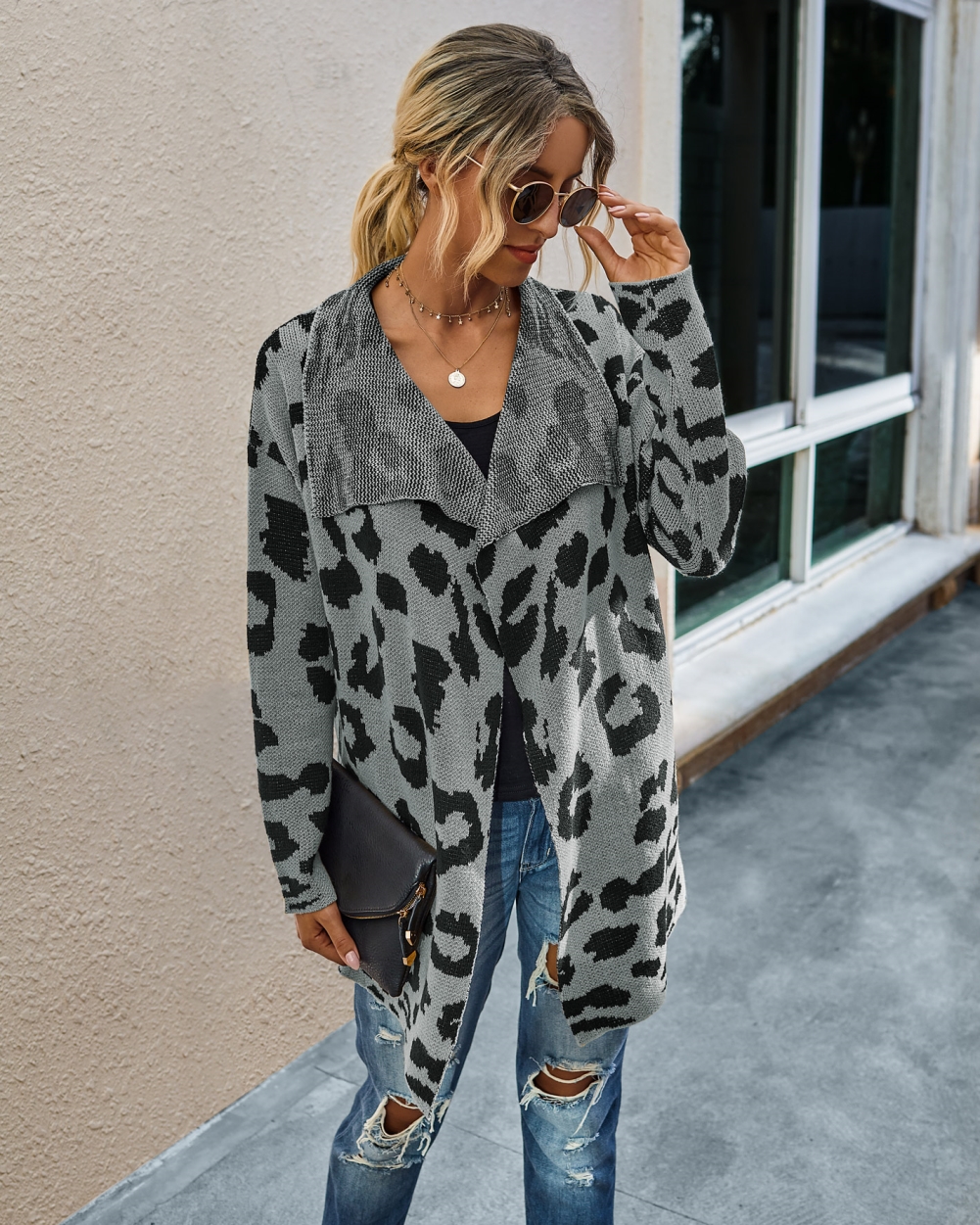 Falls Turndown Collar Irregular Leopard Cardigans