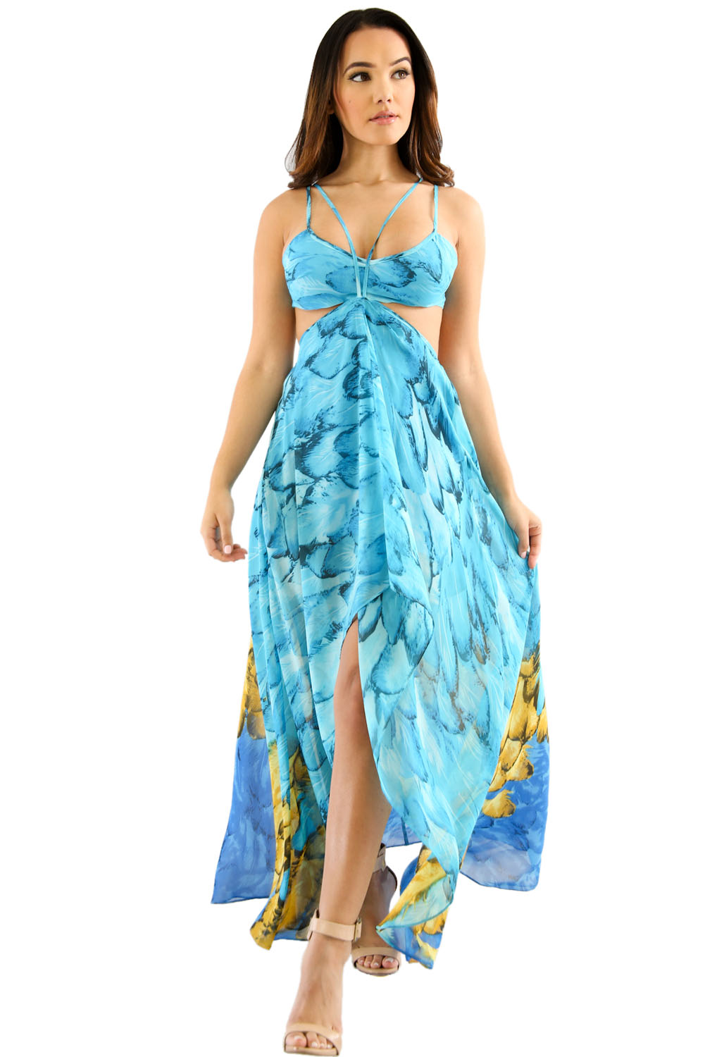 Turquoise Multi-color Feather Print Maxi Dress
