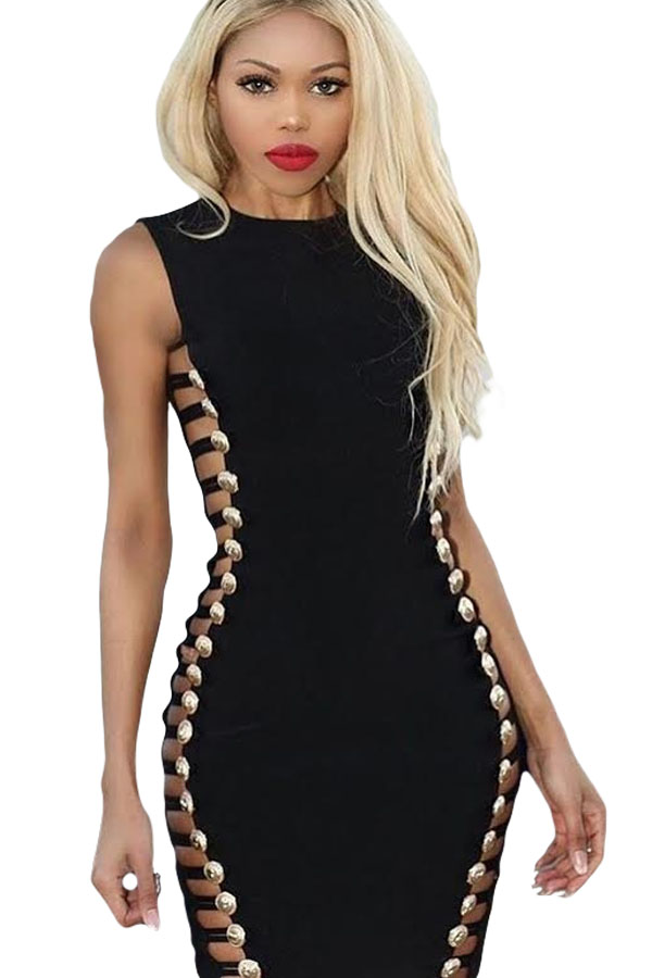 Black Bandage Gold Button Cut Out Sides Dress