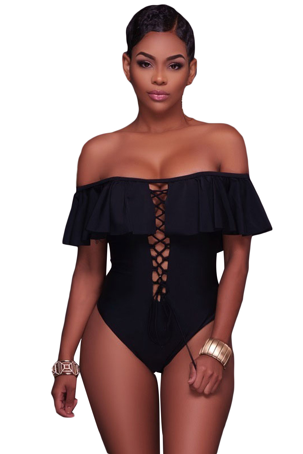 Black Ruffle Off-The-Shoulder One Piece Swimsuit
