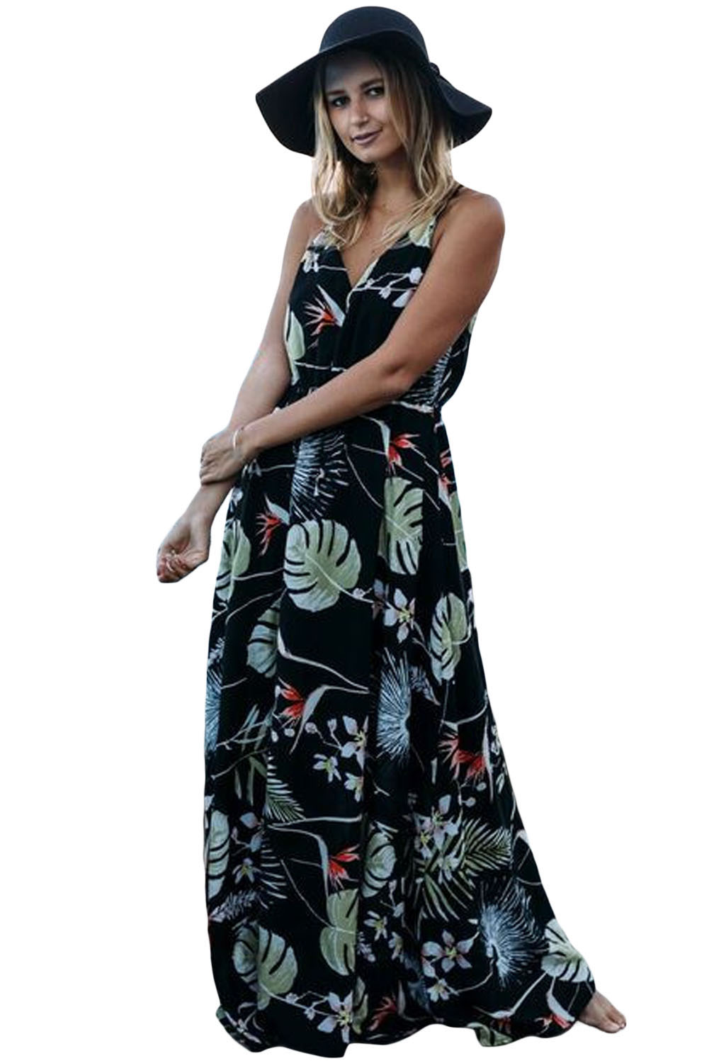 Dark Foiled Flower Print Sexy V Neck Maxi Dress