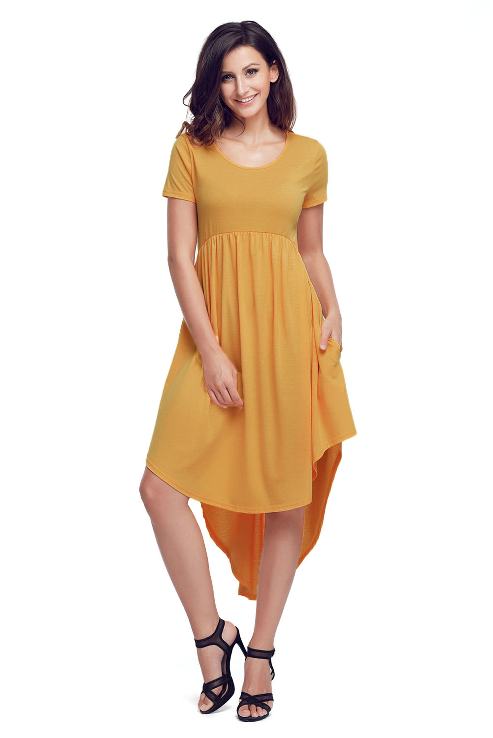Yellow Short Sleeve High Low Pleated Casual Swing Dress