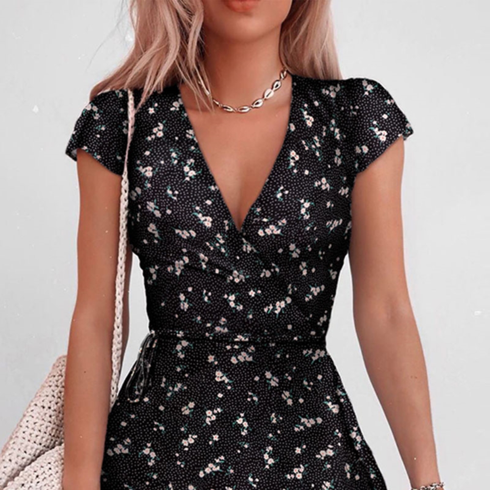 Summer Floral Black Wrapped Short Dress