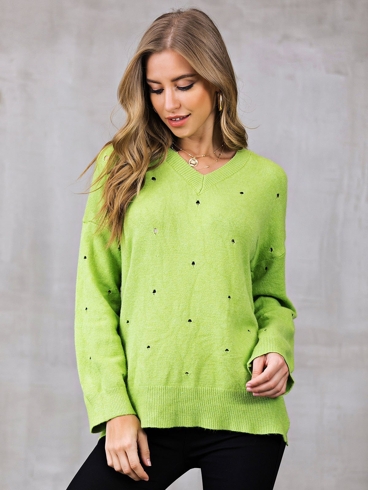 Eyelet Shift V Neck Casual Sweaters