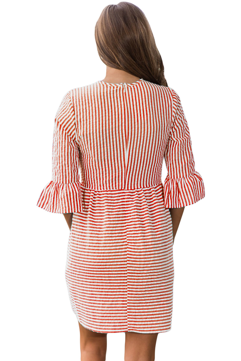 Red White Stripe Flounce Sleeve Seersucker Dress