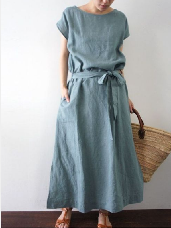 Solid Short Sleeve Pockets Casual Dresses