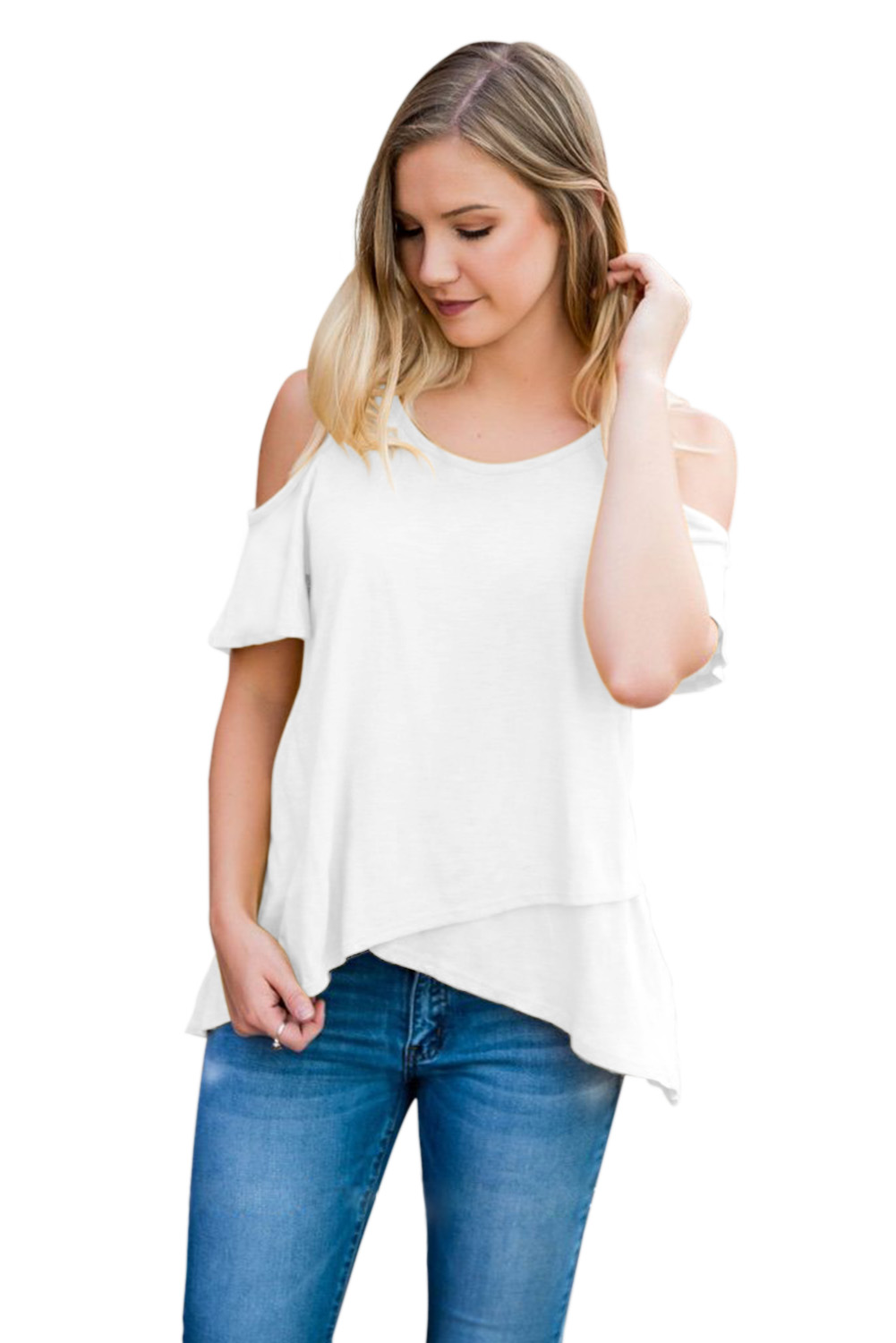 White Cold Shoulder High Low Top