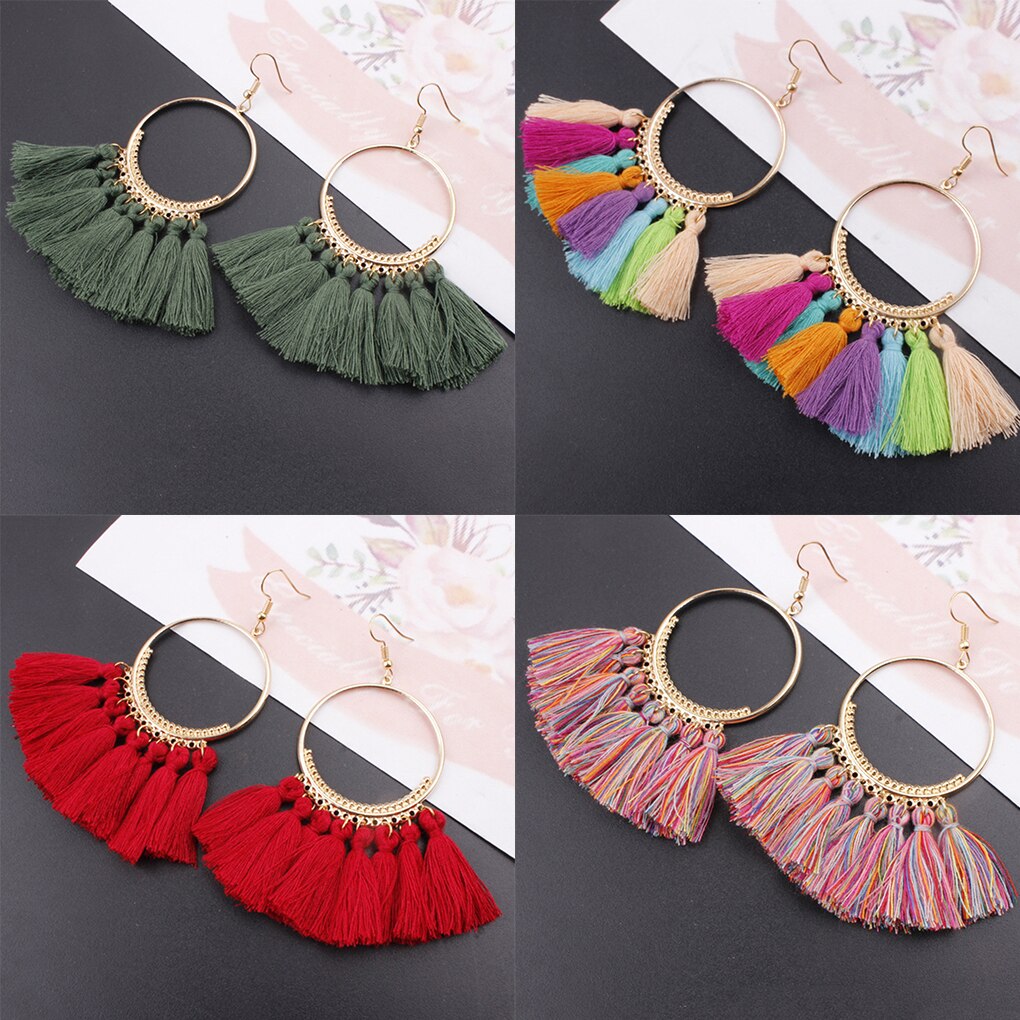 Bohemia Style Colorful Thread Tassel Pendants Big Round Hoop Earring