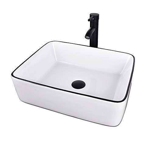 White Ceramic Bathroom Sink, Above Counter Porcelain Vessel Sink with Black Faucet and Pop up drain Combo, Rectangle