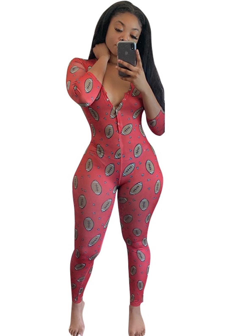Plus Size Print Long Sleeve Bodycon Jumpsuit