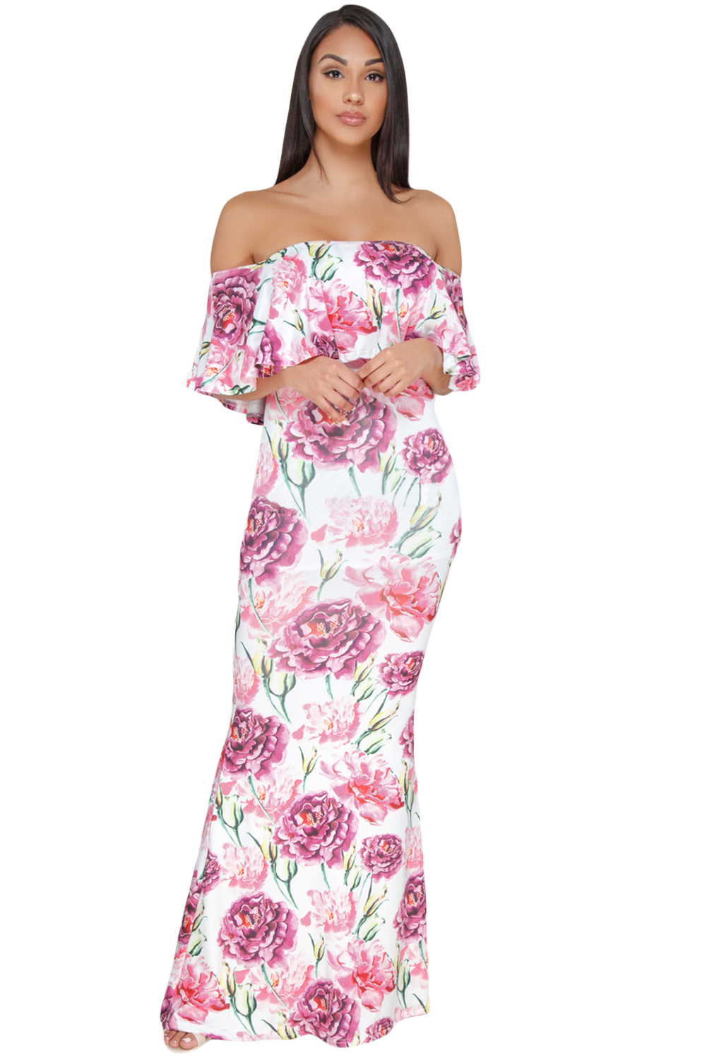 White Floral Print Off-the-shoulder Maxi Dress