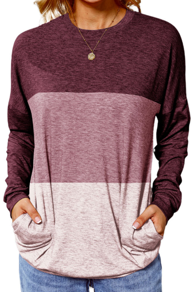 Color Block Pockets O-neck Long Sleeve Top Women UNISHE Wholesale