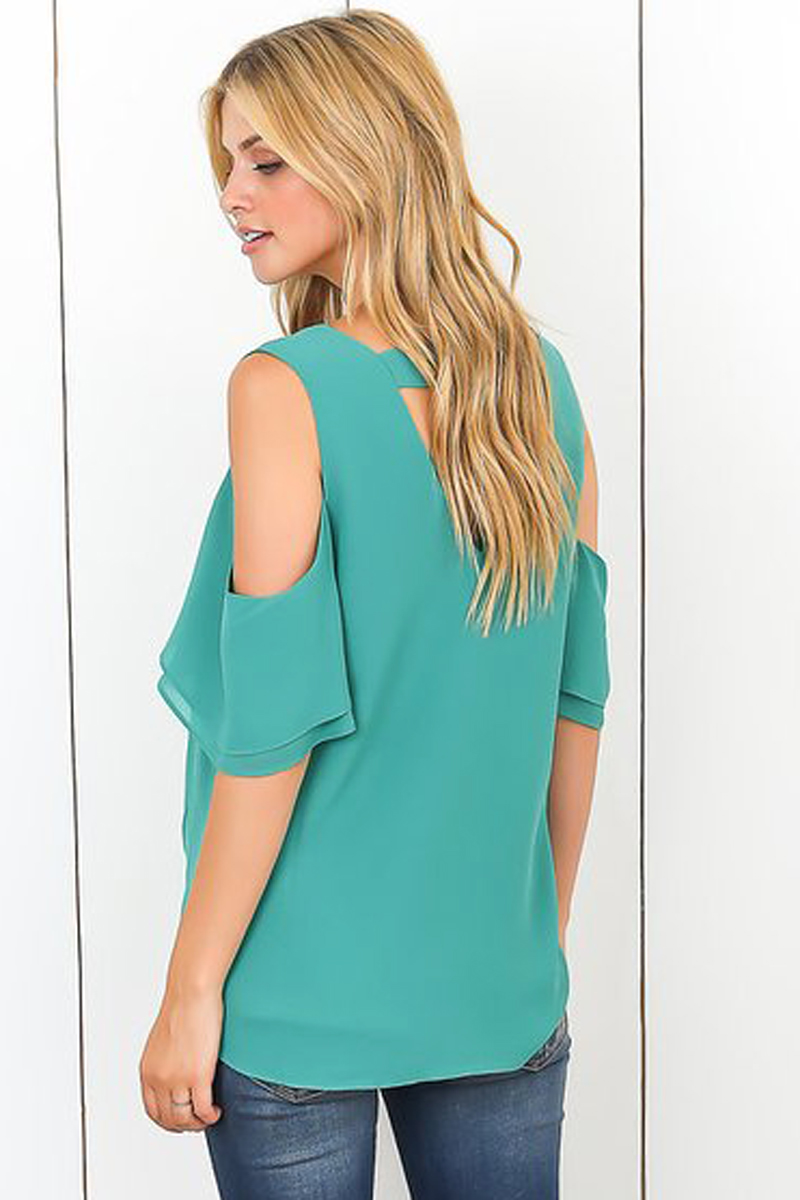 Green Cold Shoulder V Neck Sewn Hem Blouse