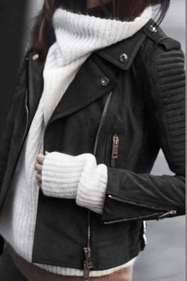 Fold Over Collar  Zipper  Plain Jackets