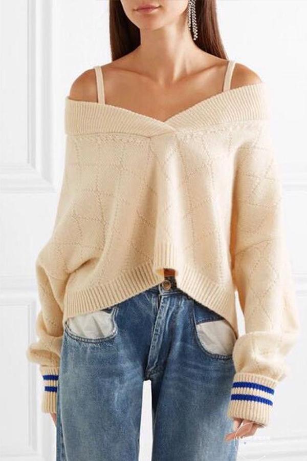Sexy Spaghetti Straps Long Sleeve Knitting Fashion Sweaters