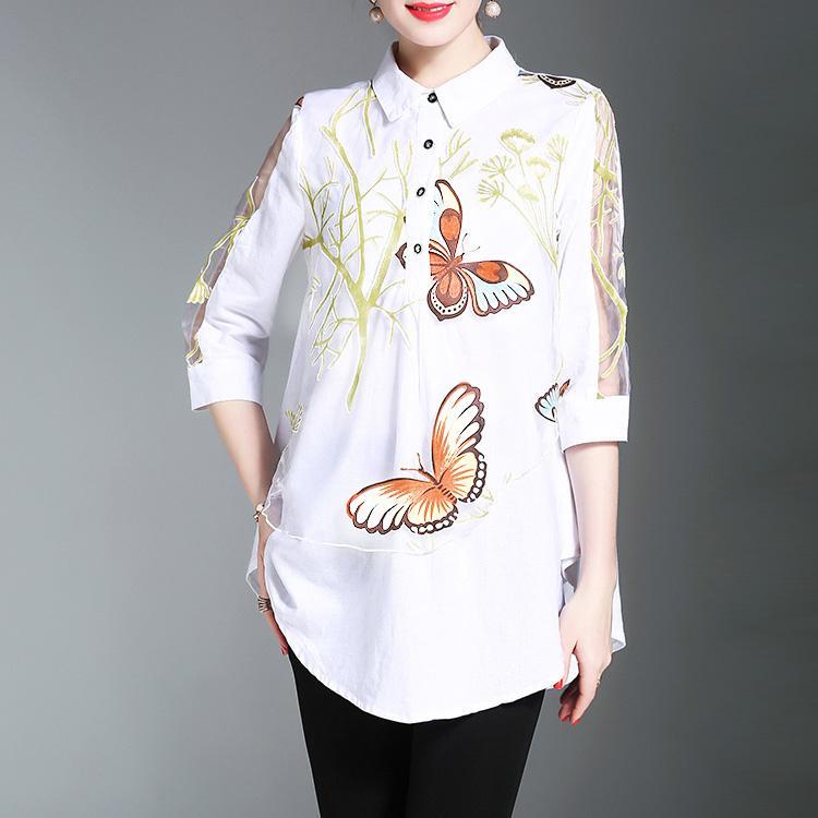 Bluză albă cu imprimeu cu fluturi și mânecă trei sferturi