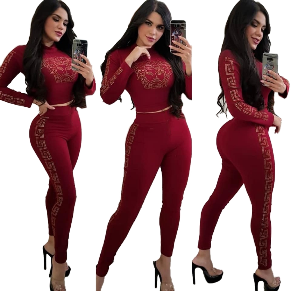 Print Sexy Long Sleeve Crop Top and Pants Set