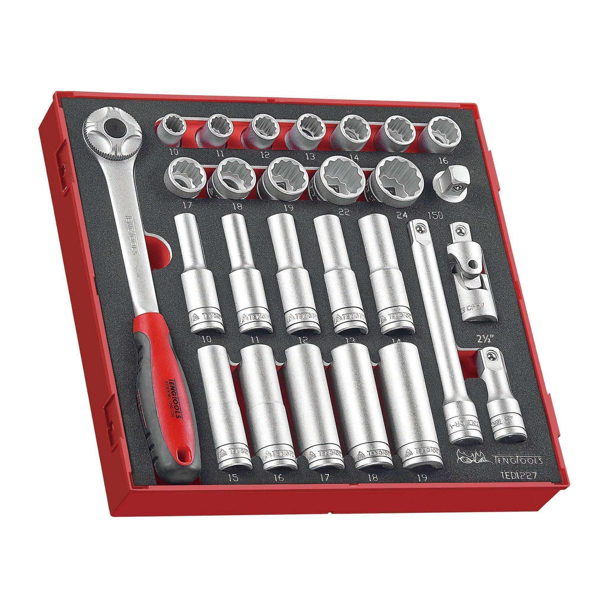 Teng Tools �C 27 Piece 1/2 inch Drive Socket Set in EVA Tray �C TEN-O-TED1227