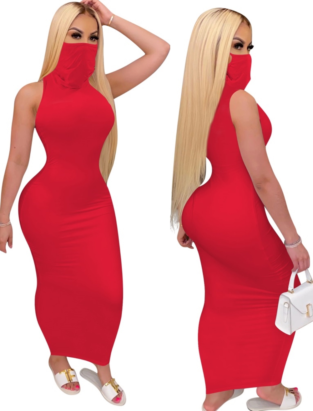 Sexy Sleeveless Tight Midi Dress with Face Cover