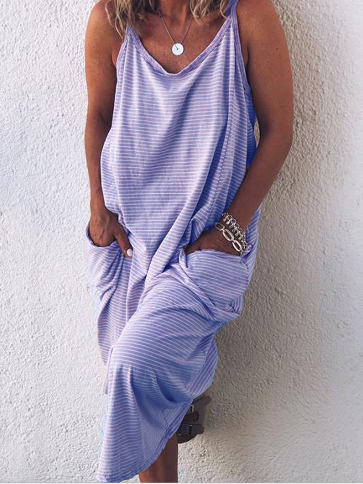 Round Neck Sleeveless Striped Pockets Maxi Dresses