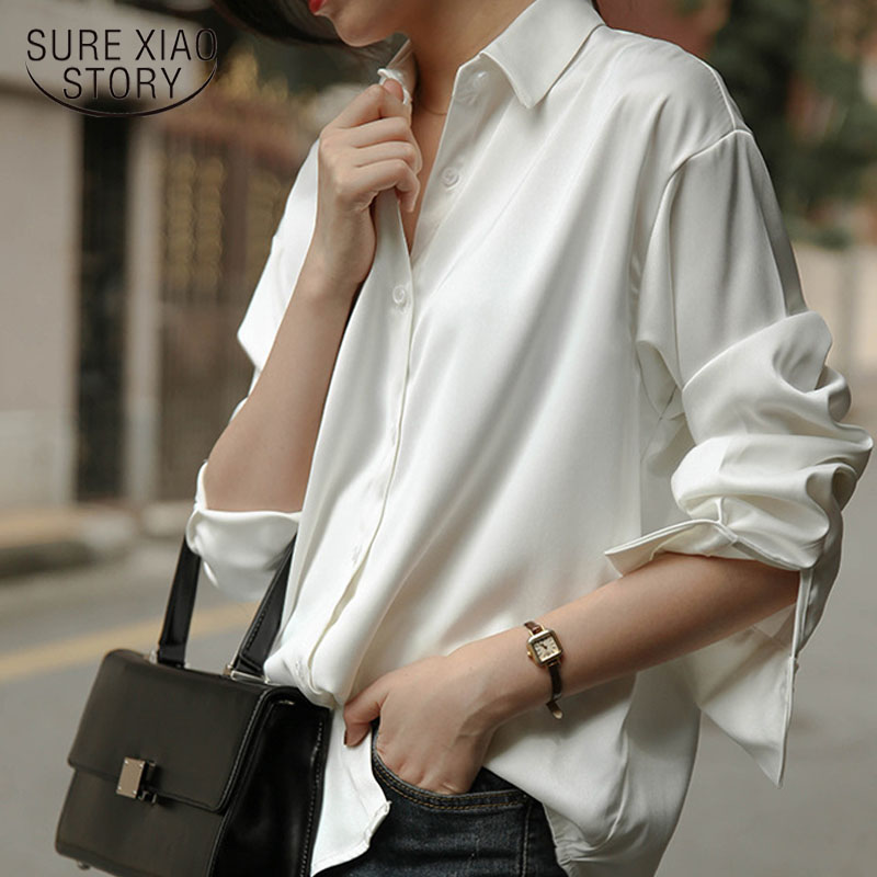 Spring Fashion Button Up Satin Silk Shirt Vintage Blouse Women White Tops Lady Long Sleeves Female Loose Street Shirts 11355