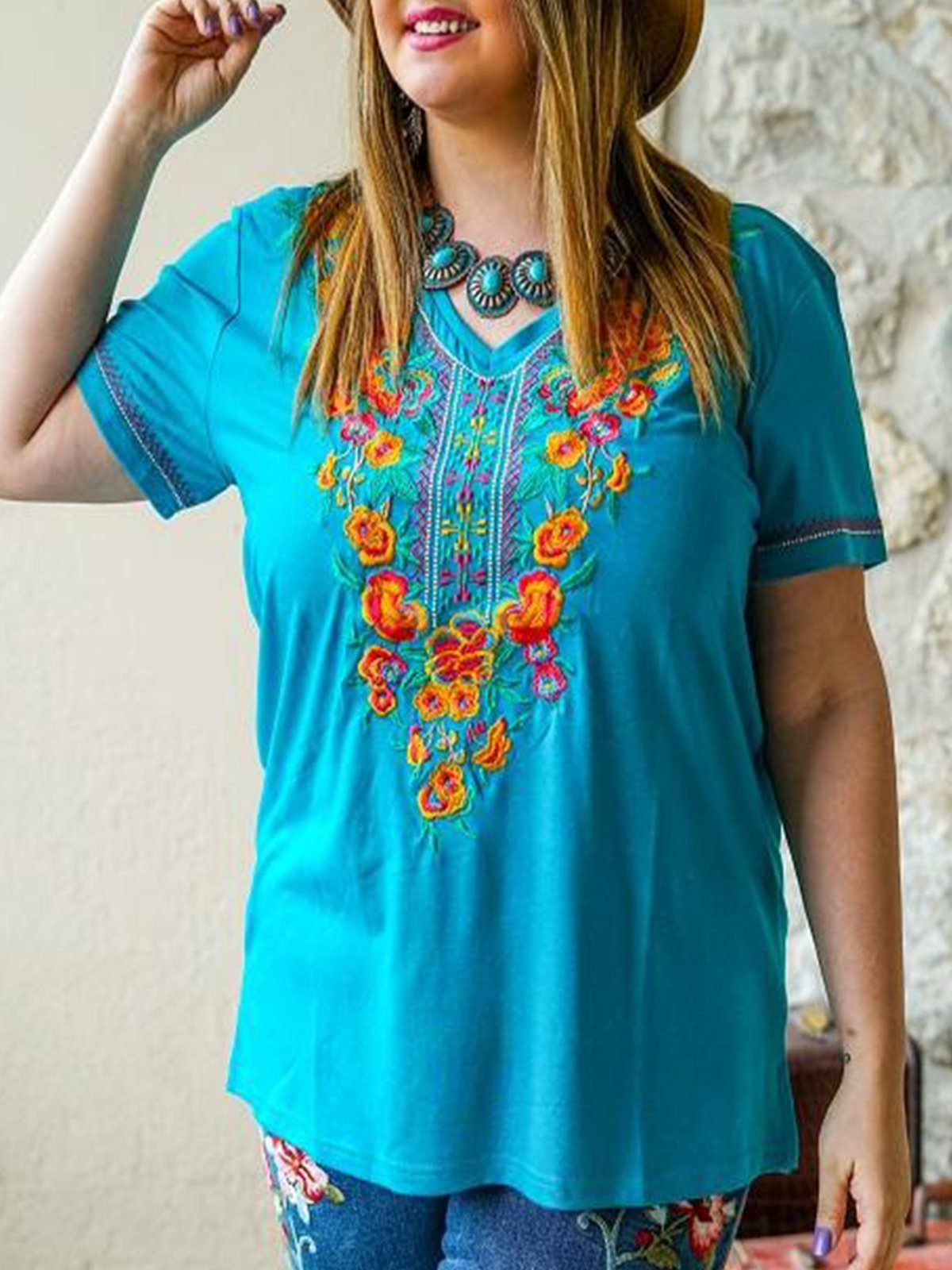 Printed Short Sleeve V Neck Shift Shirts & Tops