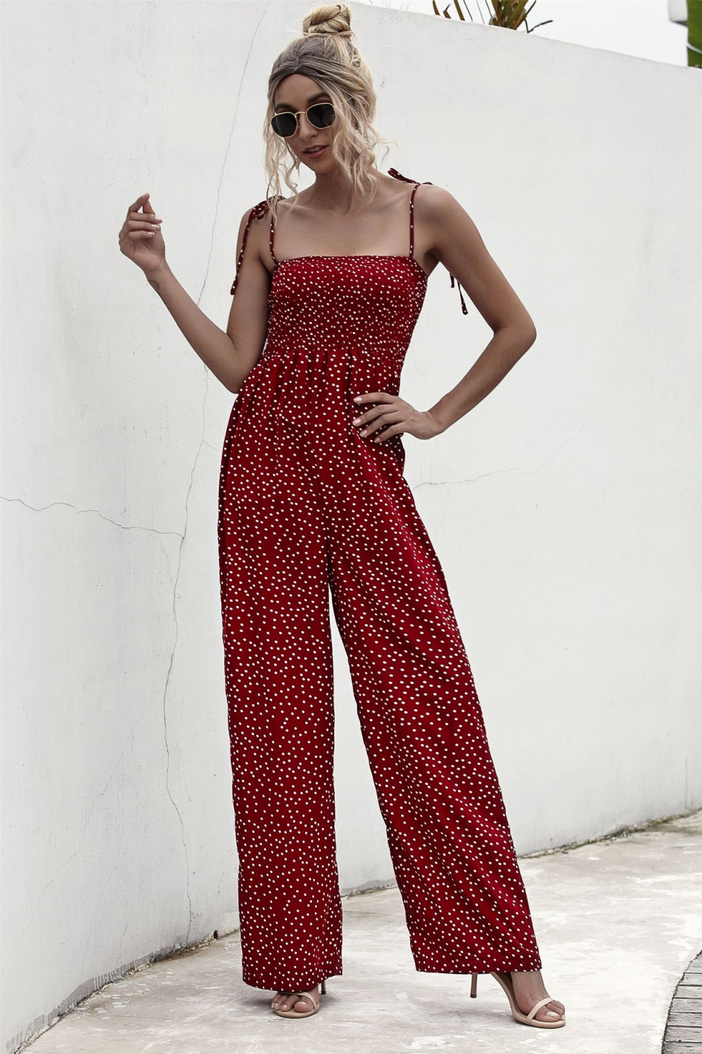 Summer Dot High Waist Strap Wide Legges Jumpsuit
