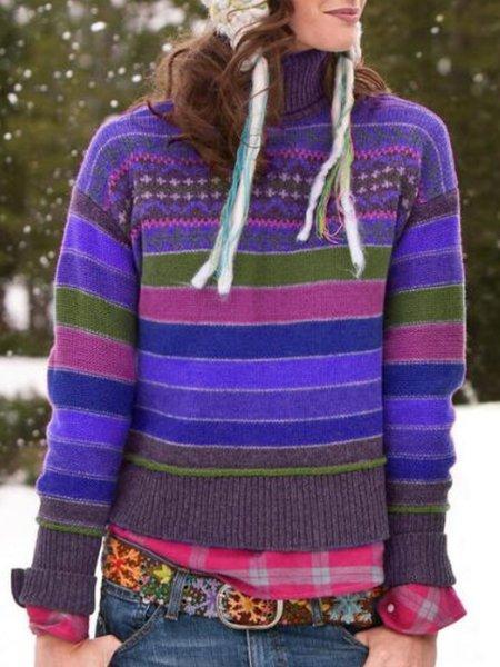 Color-Block Striped Casual Turtleneck Women's Sweaters