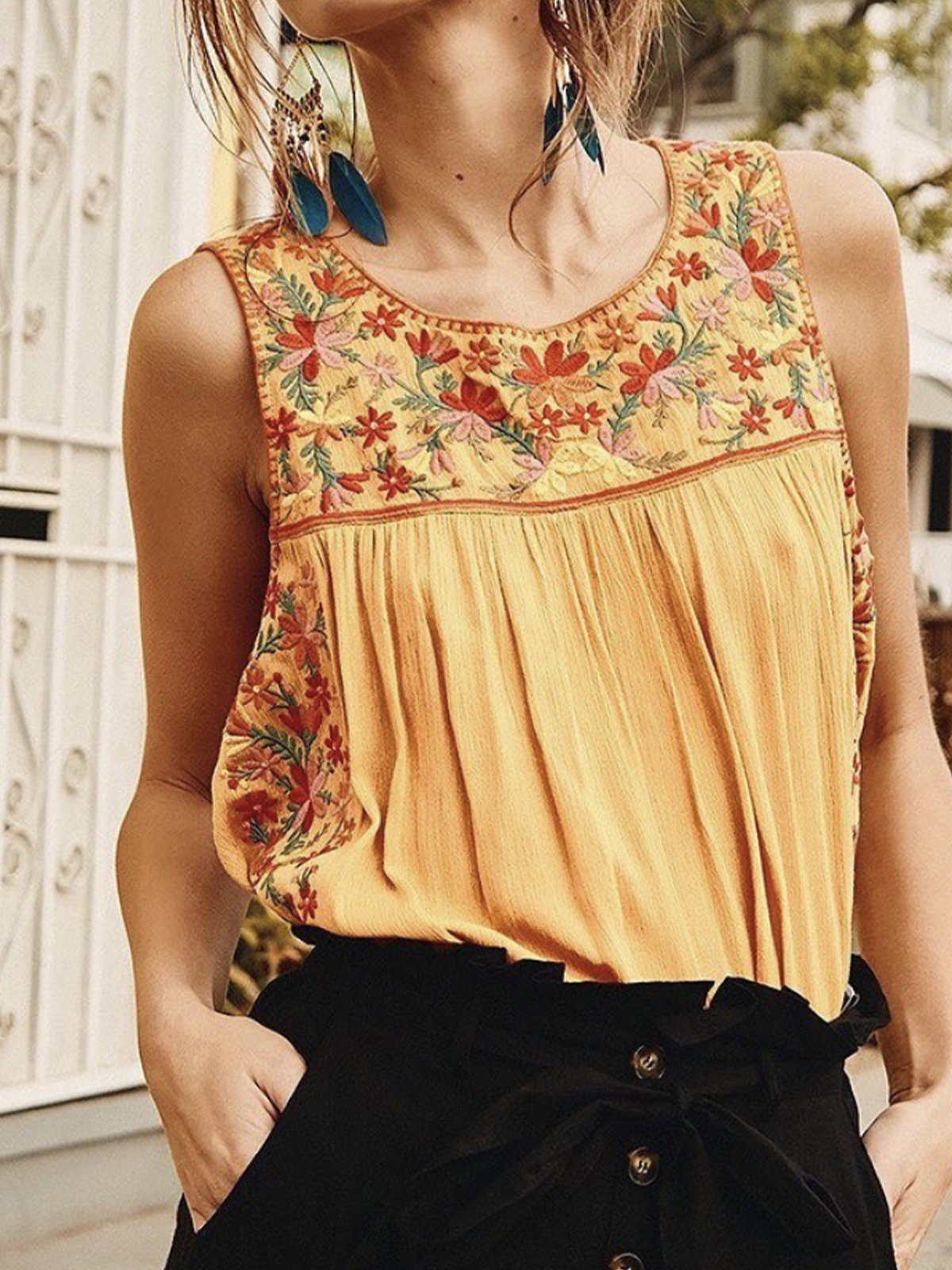 Boho Crew Neck Sleeveless Shirts & Tops