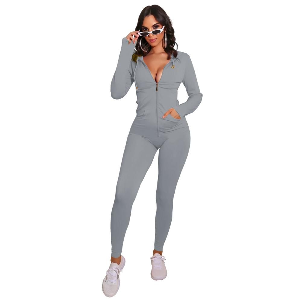 Autumn Sports Fitness Solid Plain Zip Up Hoodie Jumpsuit
