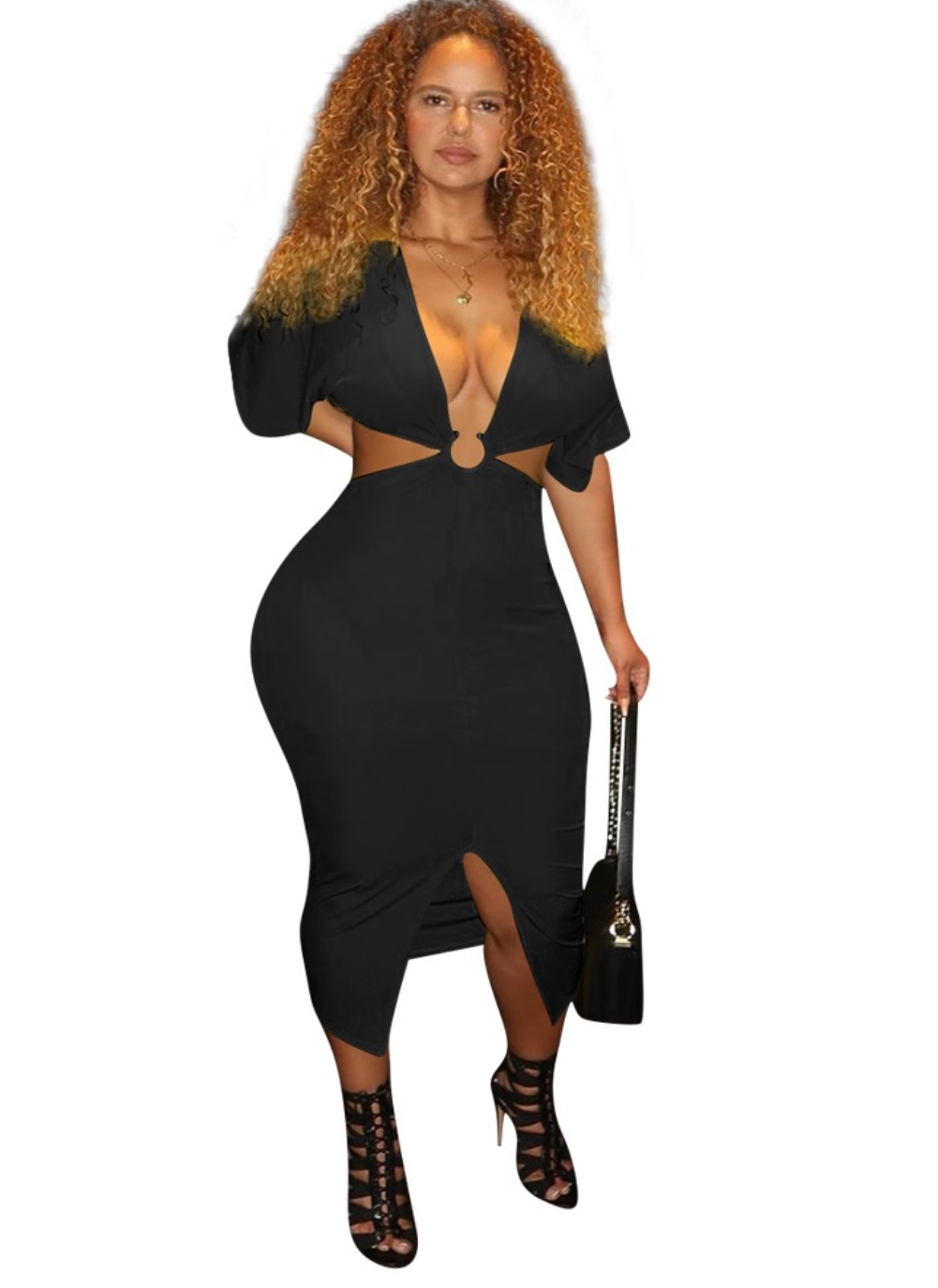 Solid Color Deep-V O-Ring Long Party Dress