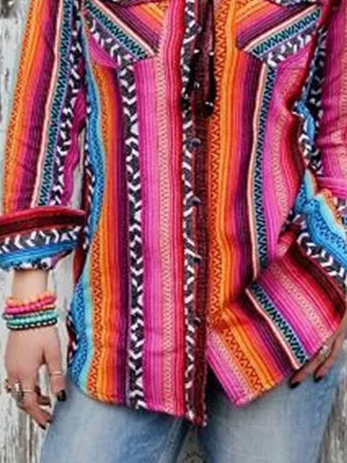 Multicolor Boho Shirt Collar Color-Block Striped Shirts & Tops