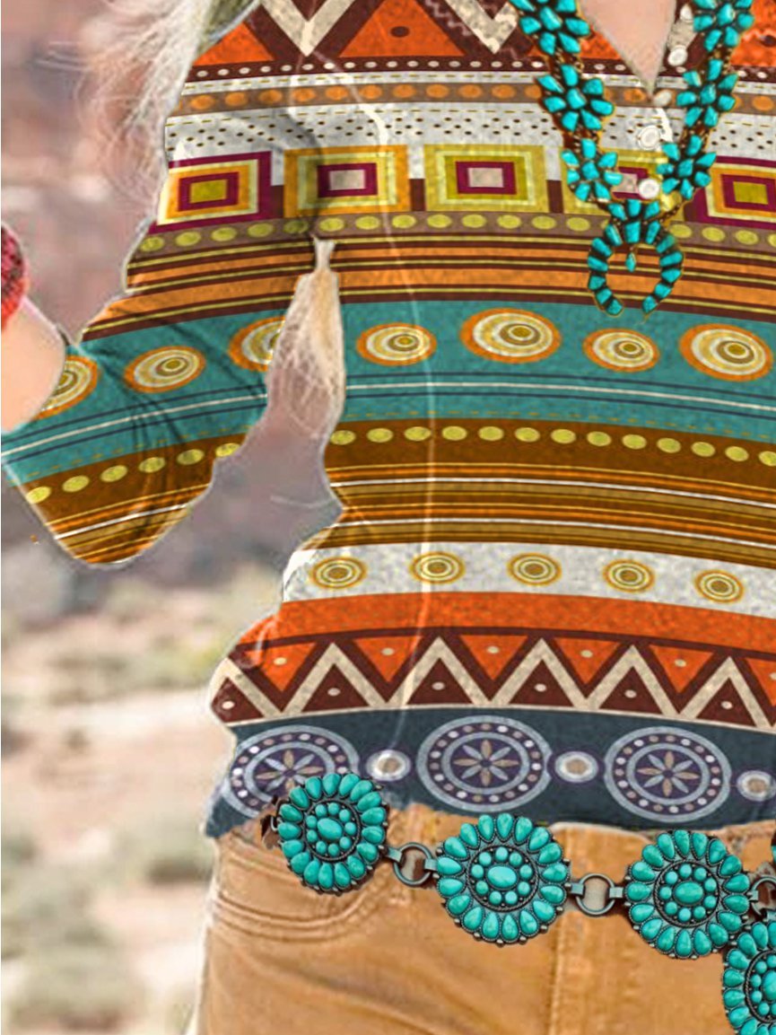 Long Sleeve V Neck Tribal Casual Shirts & Tops