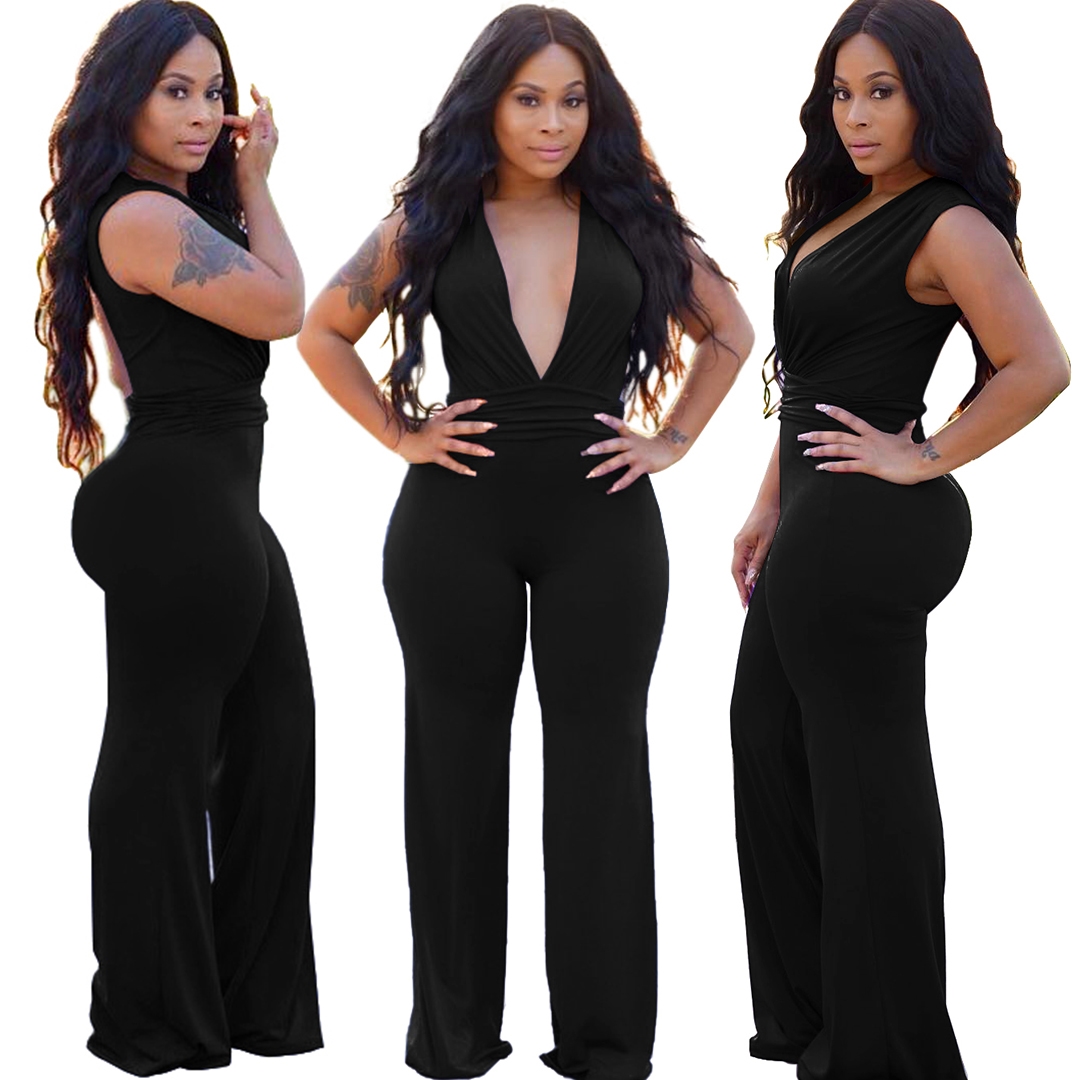 Black Sleeveless Deep-V Sexy Jumpsuit