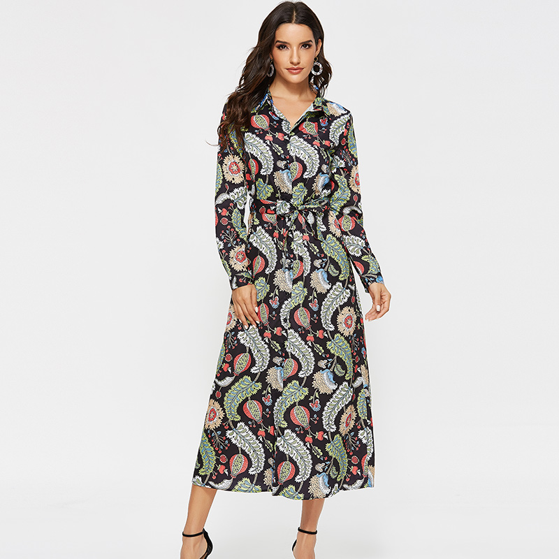 Women Long Shirt Dress 2019 Casual Long Sleeve Floral Print Vintage Sashes Button Dress Ladies Elegant Office Dresses Robe Femme