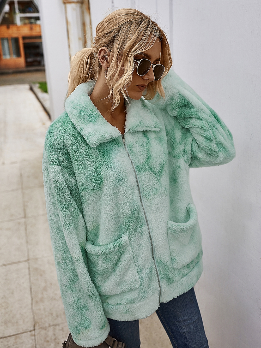 Tie Dye Plush Zipper Jacket with Pockets