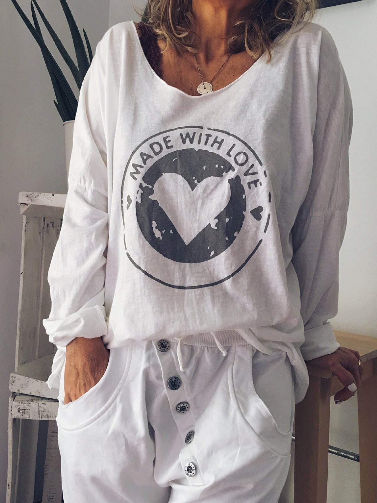 White Printed Long Sleeve Shirts & Tops