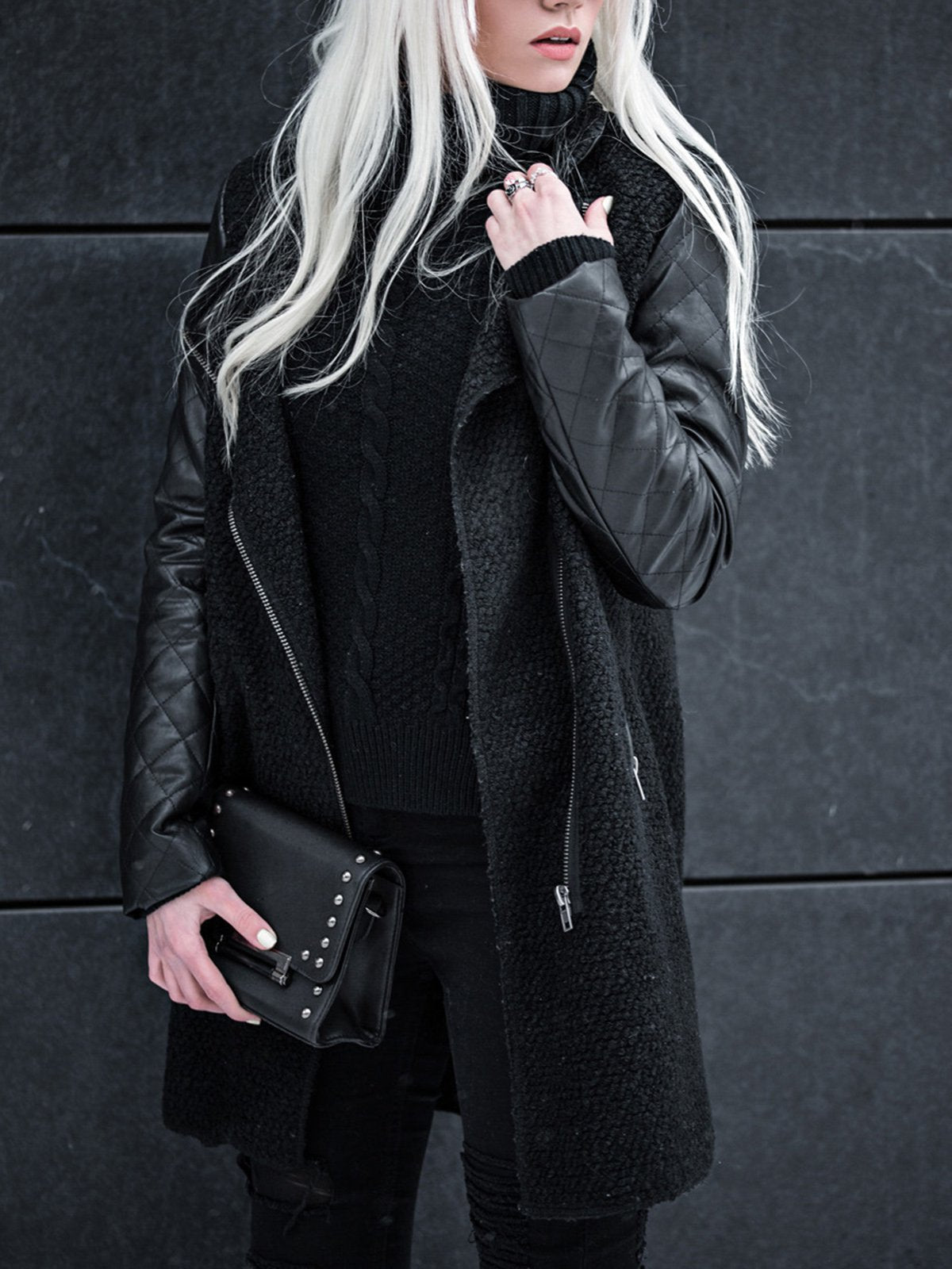 PU Paneled Casual Stand Collar Long Sleeve Pockets Coat