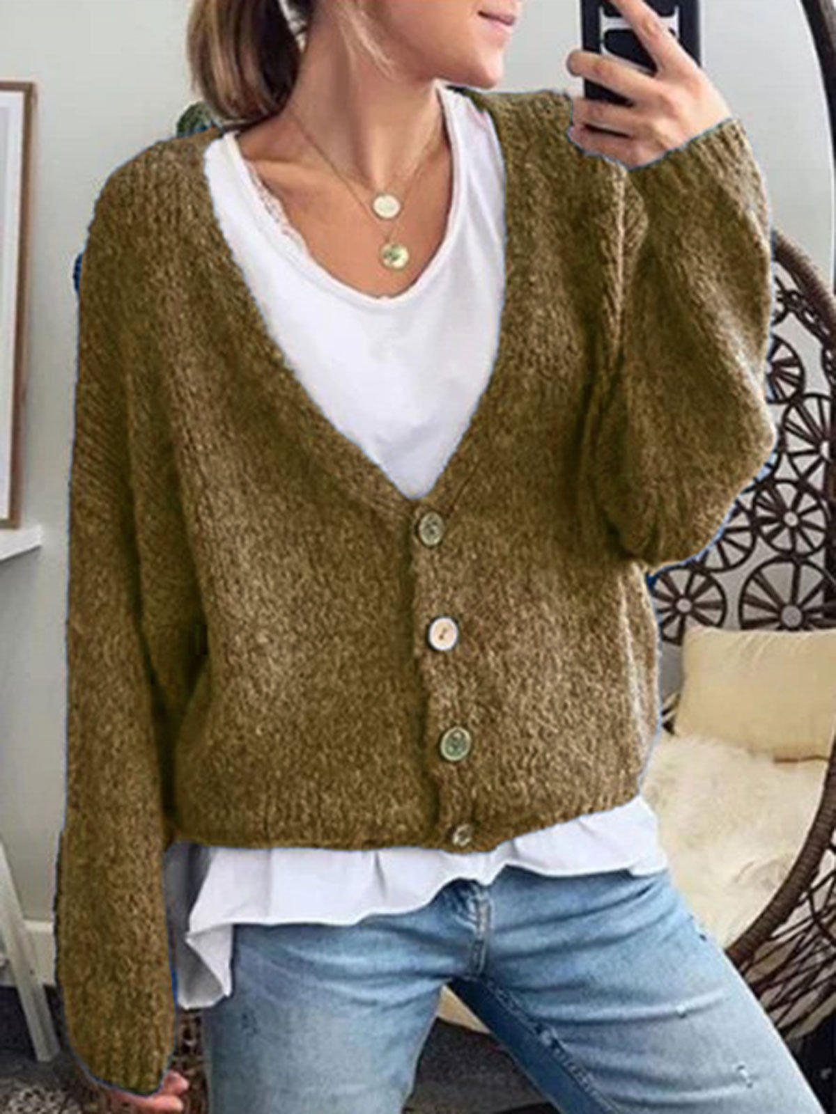 Cotton-Blend Long Sleeve Plain V Neck Outerwear