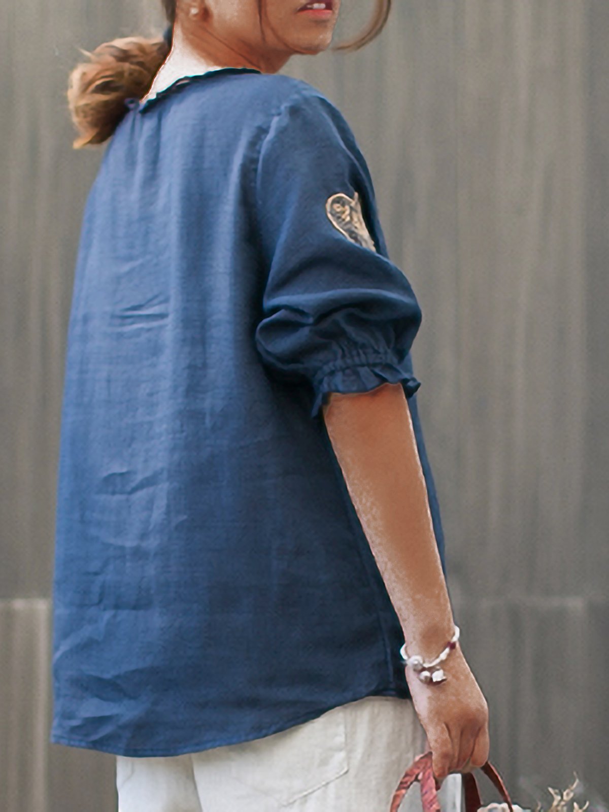 Women Embroidered Loose Lantern Sleeve  Casual Top