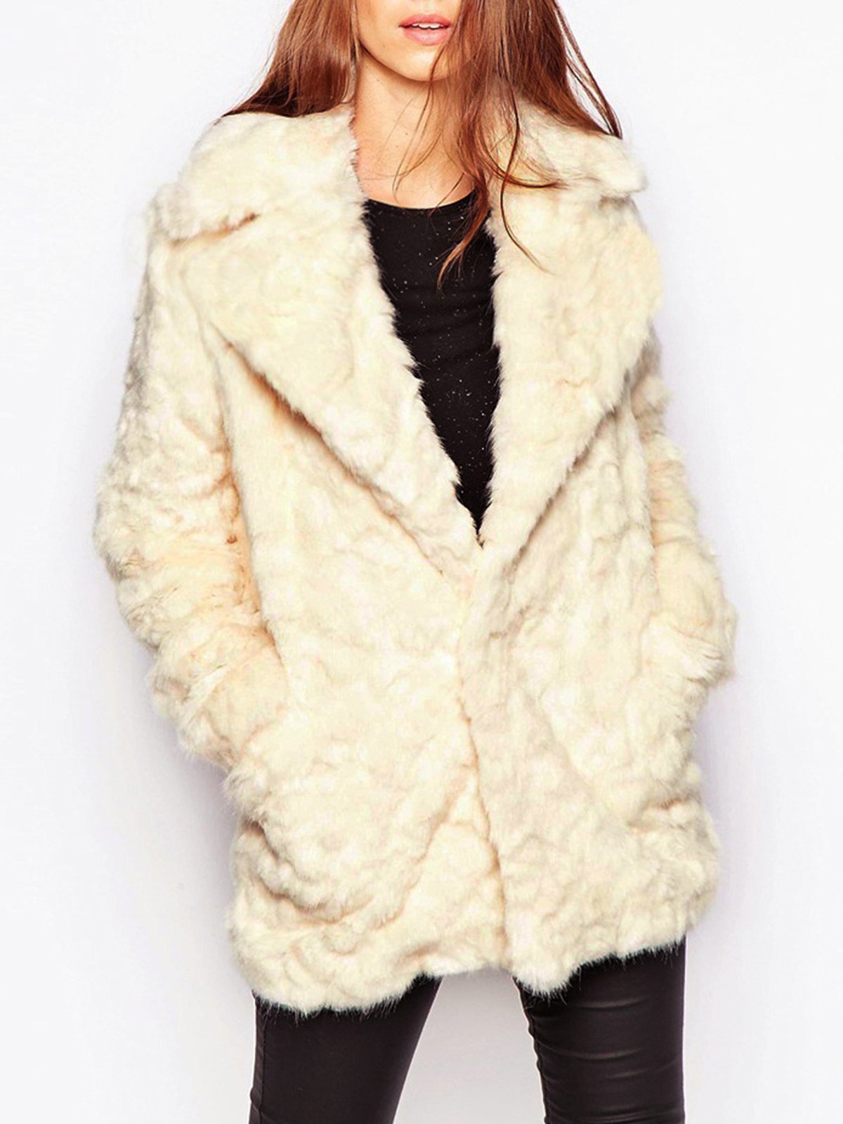 Lapel Collar Faux Fur Vintage Pockets Coat
