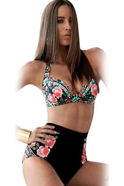 Vintage Floral Print Black High-Waisted Bikini