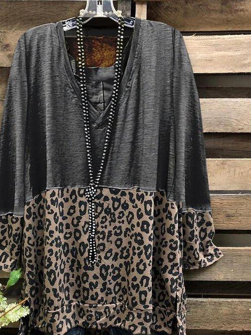 Color Block Leopard V-Neck Long Sleeves Casual Blouses