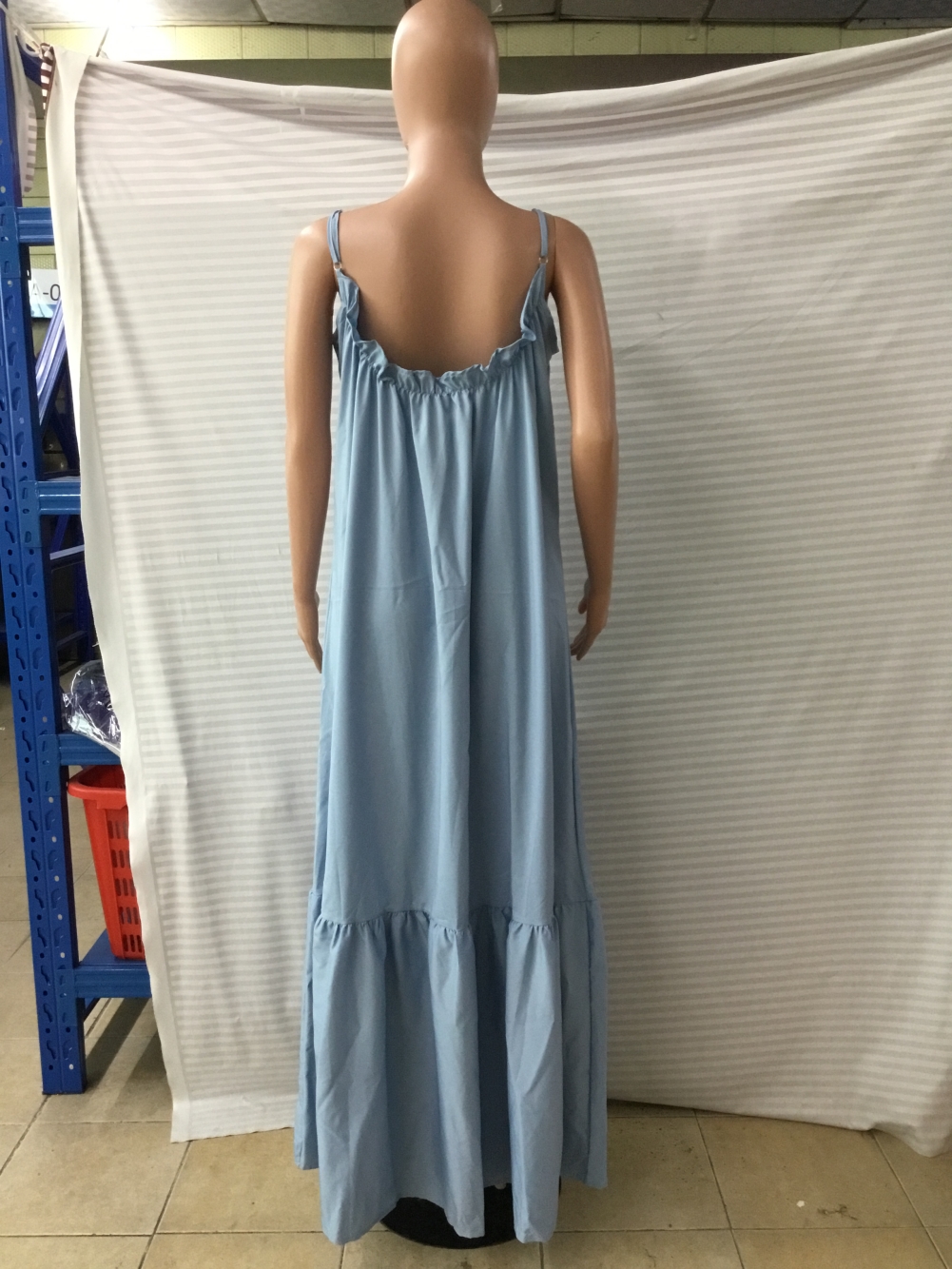 Summer Blue Ruffle Strap Long Dress