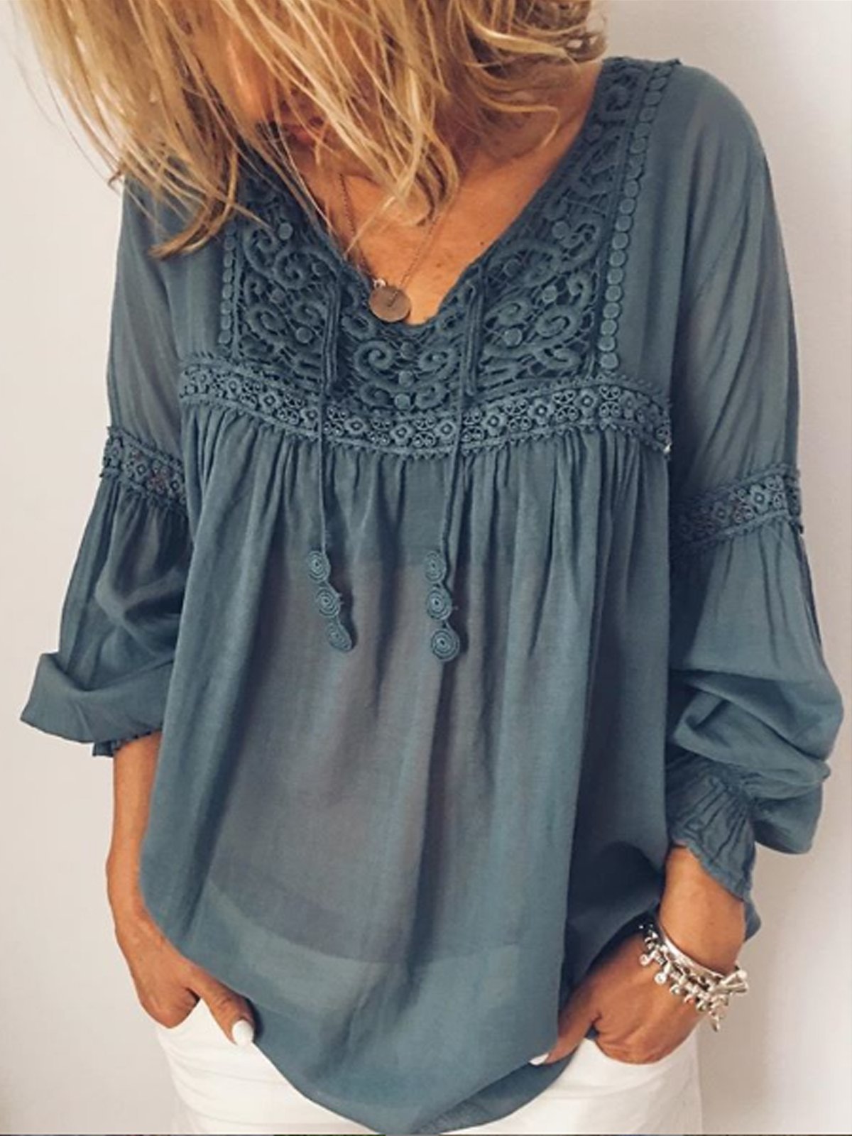 Navy Blue Long Sleeve Cotton-Blend Shirts & Tops