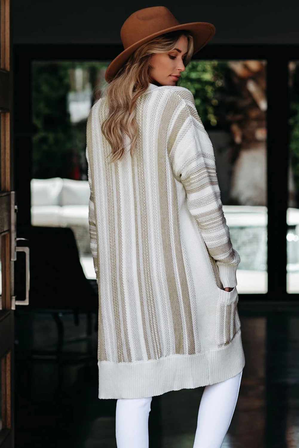 卡其色长袖口袋舒适宽松优雅女士开襟衫