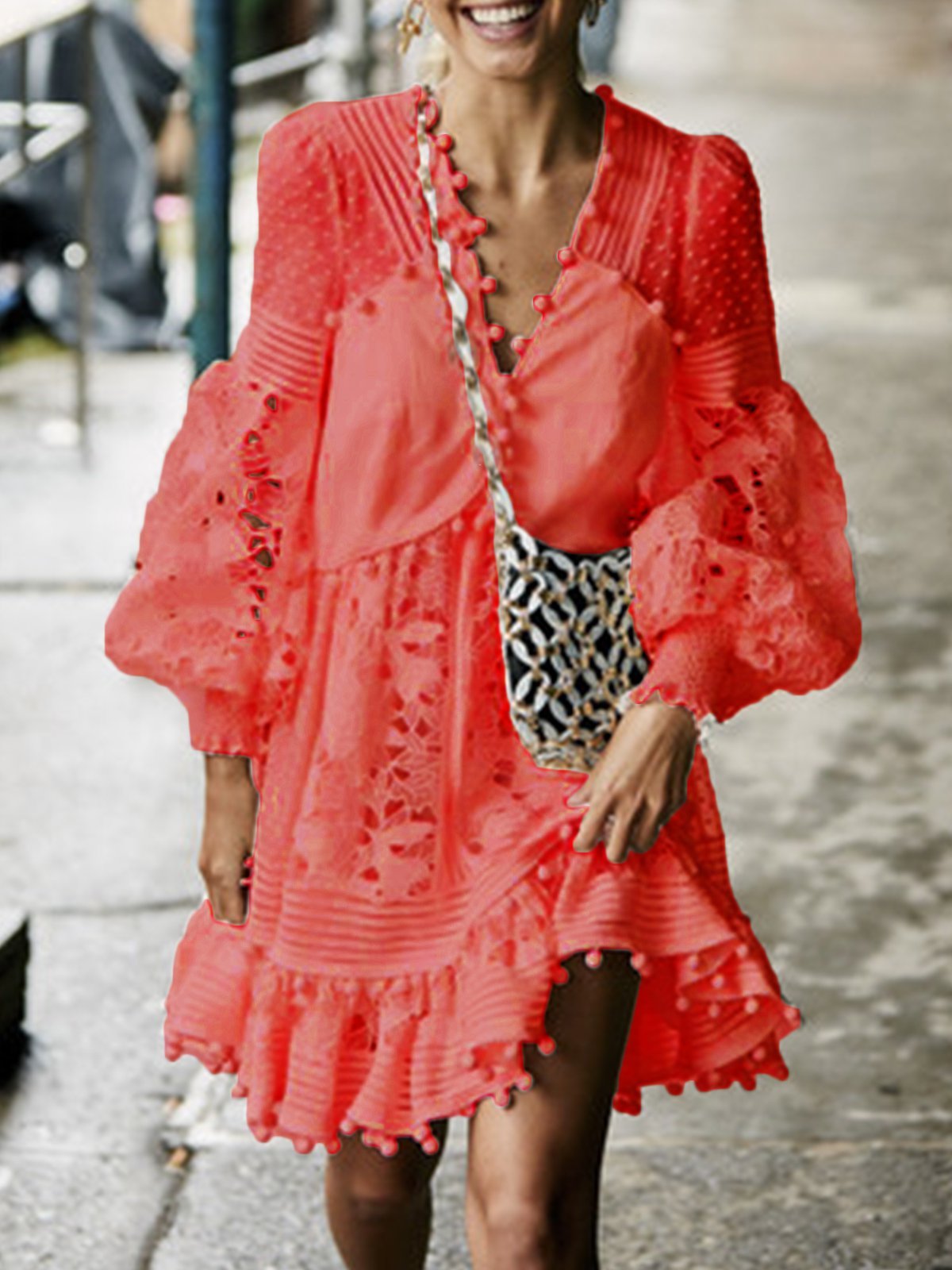 Balloon Sleeve Patchwork V Neck Vintage Casual Dresses